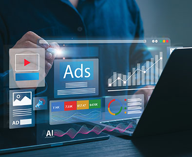 Businessperson using laptop with floating digital marketing performance dashboard.